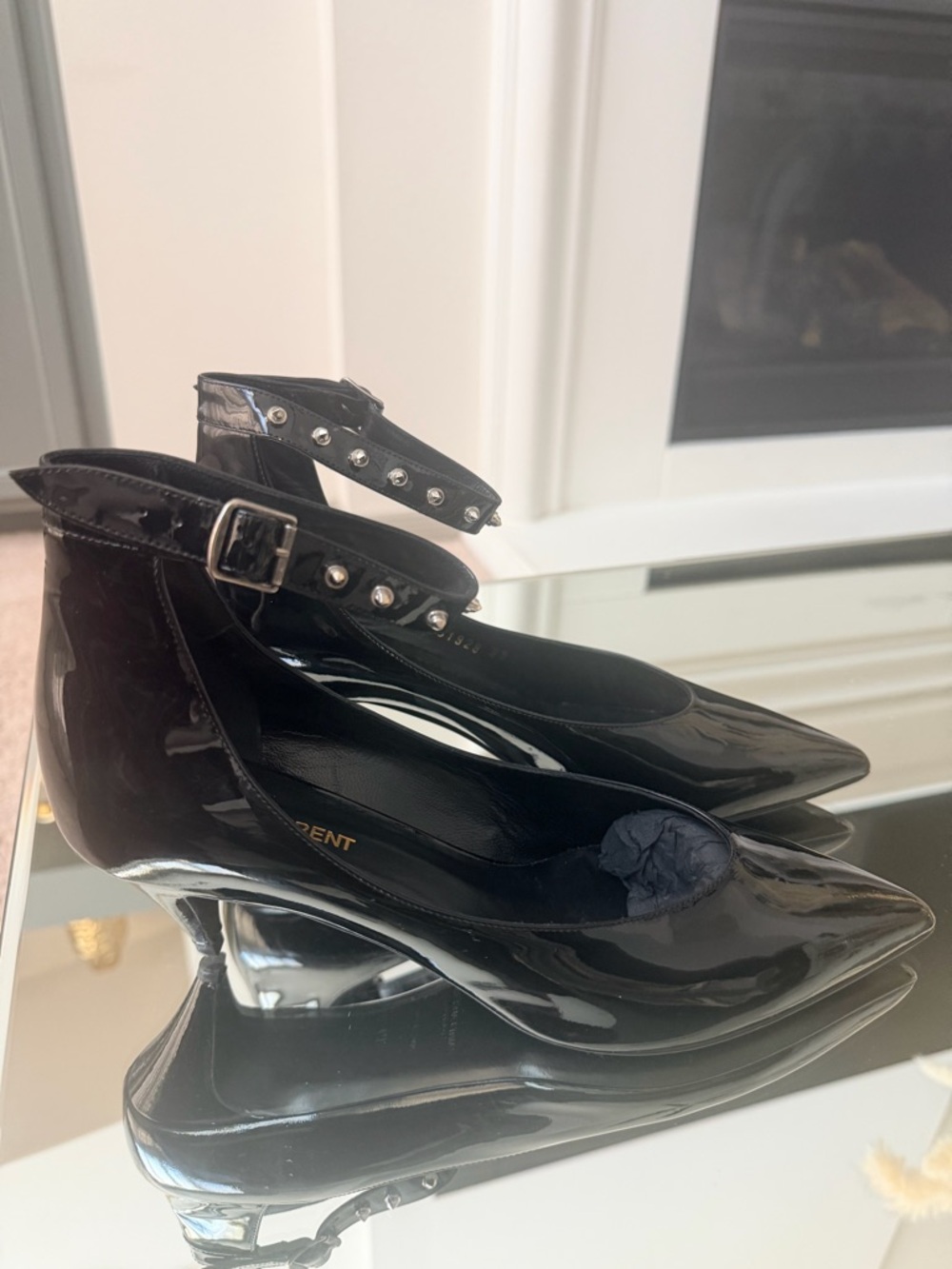 Saint Laurent Black Patent Leather Pointed Slingbacks with Silver Studs - Picture 5 of 6